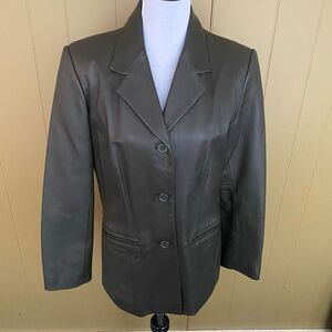 Preston & York women M 3 button grey leather jacket w/orange satin lining